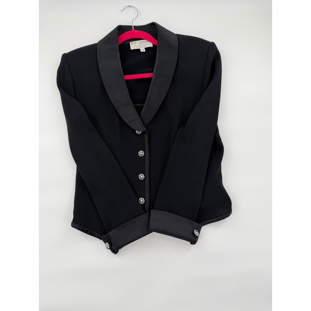 St. John Evening Marie Gray Black Santana Knit Satin Shawl Collar Jacket Size 12